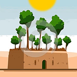 Forest in mudbrick desert house vector graphics