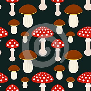 Forest mushroom dark seamless pattern. Red toadstools and boletes