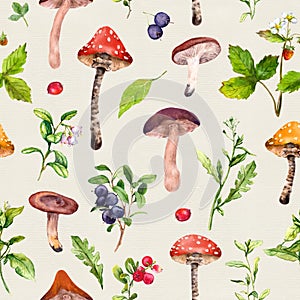 Forest mushrooms, berries, grass, wild flowers. Seamless pattern. Watercolor