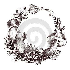 Forest mushrooms, boletus and blueberries, lingonberries, twigs, cones, leaves. Graphic illustration hand drawn in black