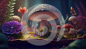 Forest Mushroon Plant Scene Macro View Funny Wallpaper Illustration