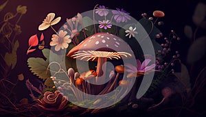 Forest Mushroon Plant Scene Macro View Funny Wallpaper Illustration