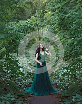 A forest nymph, a dryad in a luxurious, emerald dress, walks in the forest. Princess with healthy, long, black hair