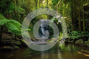 forest oasis with waterfall and peaceful pool, surrounded by greenery