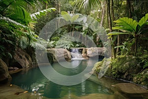 forest oasis with waterfall and peaceful pool, surrounded by greenery