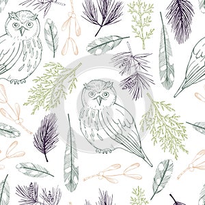 Vector seamless pattern with Forest owls. photo
