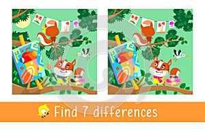 Forest painting school for squirrels. Find 7 differences. Game for children. Activity, vector. photo