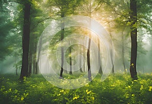 Forest panorama with rays of sunlight, forest image