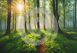 Forest panorama with rays of sunlight, forest image, v1