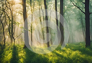 Forest panorama with rays of sunlight, forest image, v12