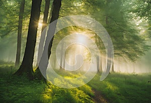 Forest panorama with rays of sunlight, forest image, v14