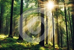 Forest panorama with rays of sunlight, forest image, v15