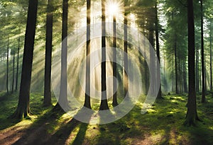Forest panorama with rays of sunlight, forest image, v19