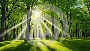 Forest Panorama with Sunlight Rays Through Lush Green Canopy photo