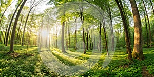 Forest panoramic with sunlight through trees photo