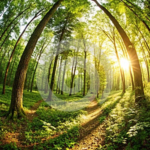 Forest panoramic with sunlight through trees photo