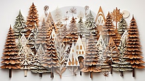 Forest of paper brown Christmas trees using the kirigami technique