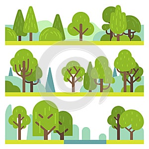 Forest and park plants. Flat different trees, bushes and grass. Woodland and park elements, trendy natural landscape