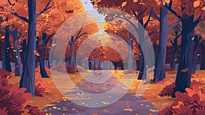 Forest park road street cartoon landscape in fall season. Autumn forest scenery walkway drawing environment illustration