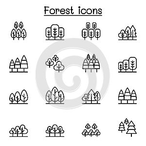 Forest, Park, Wild and Jungle icon set in thin line style