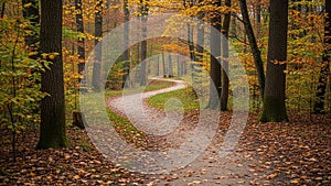 Forest path is covered with fallen leaves surrounded by tall trees with