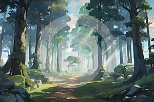 a forest with a path that has the sun shining through it Shadowed Canopy An Anime Tale of the Dark
