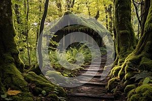 forest path leading to a hidden cabin