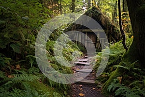 forest path leading to a hidden cabin