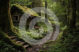 forest path leading to a hidden cabin