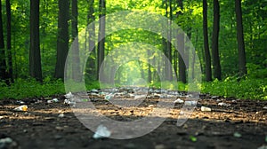 Forest path littered with plastic waste in sunlight photo