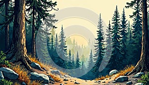 Forest Path with Pine Trees and Rocks