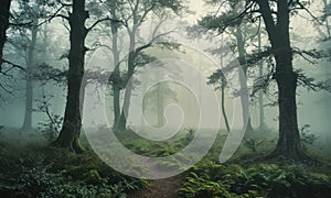 A forest path is shown in the image, with fog in the background. The path is surrounded by trees and plants, creating a