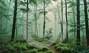 A forest path is shown in the woods with a foggy atmosphere.