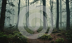 A forest path is shown in the woods, with a foggy atmosphere.