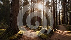 forest path with sunlight shining through trees photo