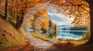 Forest path tunnel through trees near lake, scenic nature autumn landscape panorama view