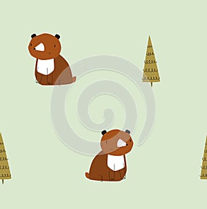 Forest pattern with a bear. Simple seamless scandinavian background. Cartoon bear. Forest animal. Fabric, paper, wallpaper