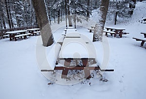 Forest picnic area with food wooden bench covered in snow. Winter snowy season snowstorm.