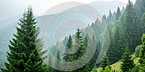Forest of pine trees in rain on a mountainside