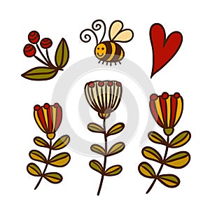 Forest plants and bee color icons set on white background