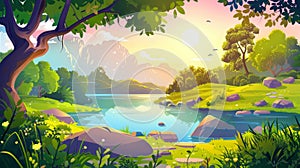 Forest pond nature landscape, calm river flows under trees and rocks. Sunny sunrise at the woods, cartoon background