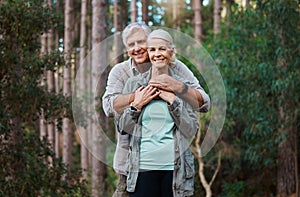 Forest, portrait and senior couple hug for love, retirement wellness and health in nature hiking or travel. Face of