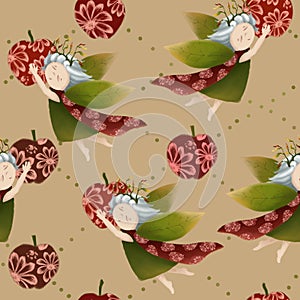 A forest princess flies with a red apple. cute little elf. A pretty girl. Seamless pattern on a beige background.