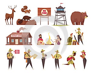 Forest Ranger Cartoon Icons Set