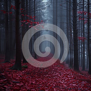 A forest with red leaves and fog, a foggy forest path, a forest background, dark green trees, red foliage in the woods