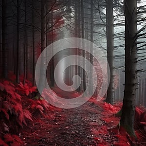 A forest with red leaves and fog, a foggy forest path, a forest background, dark green trees, red foliage in the woods