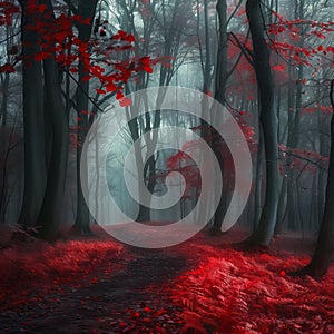 A forest with red leaves and fog, a foggy forest path, a forest background, dark green trees, red foliage in the woods