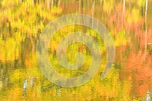 the forest reflection on the surface of a pond in autumn, similar to the effect of Monet\'s watercolor painting