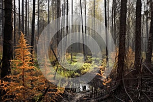 forest regrowth contrasting against burnt remains