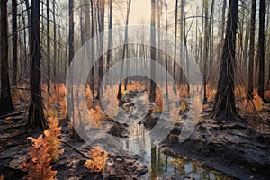 forest regrowth contrasting against burnt remains